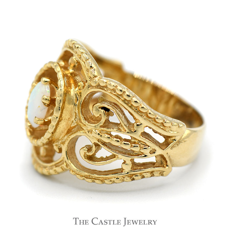 Oval Opal Ring with Open Beaded Scroll Design in 14k Yellow Gold