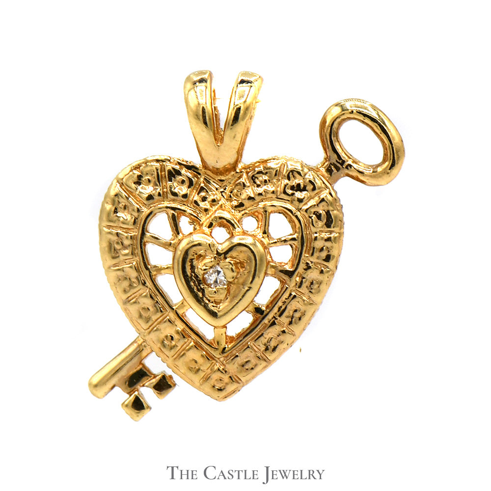 Lock & Key Heart Pendant with Illusion Set Diamond Accent in 14k Yellow Gold