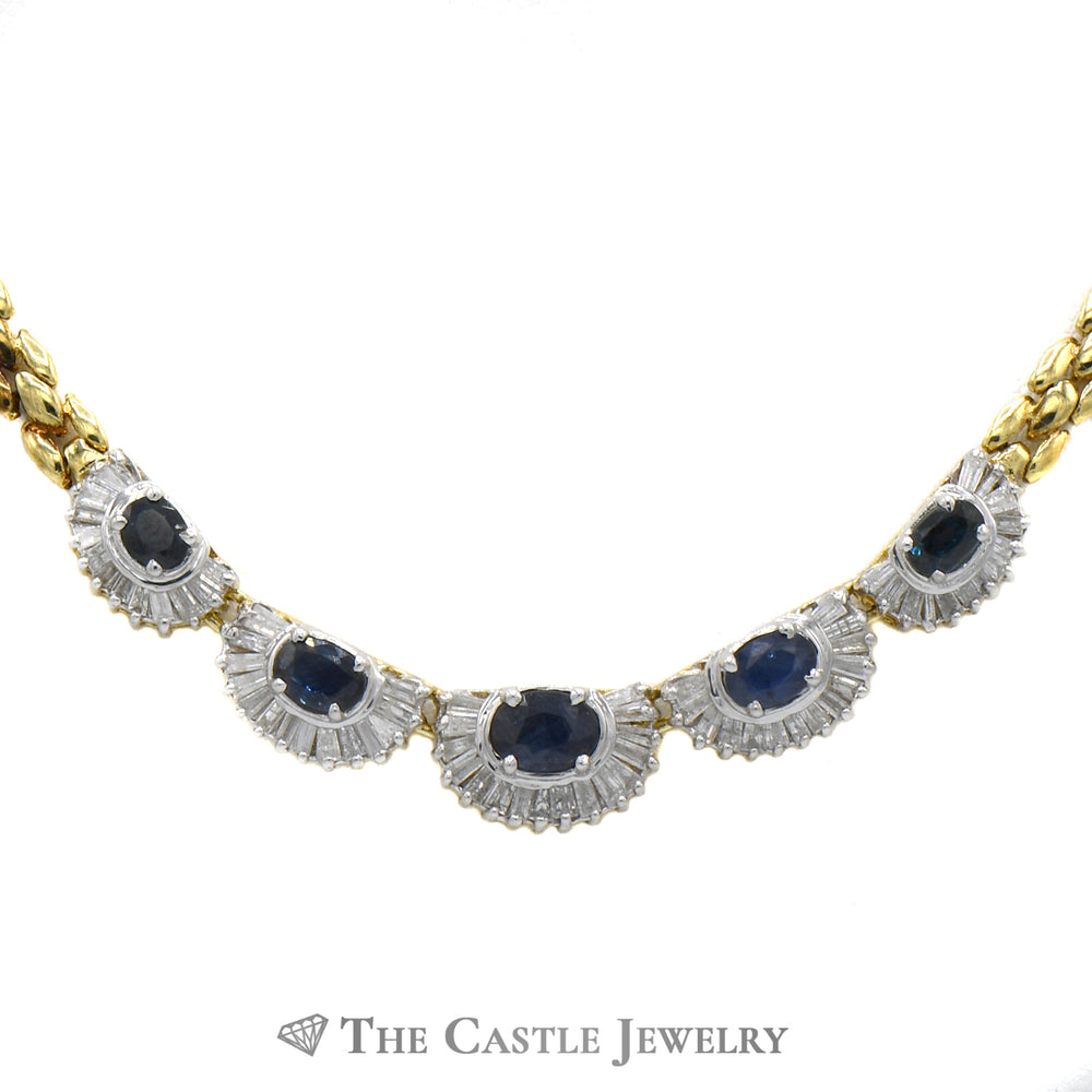 18 inch Graduated Oval Sapphire Necklaces with Baguette Diamond Halos on 14k Yellow Gold Panther Link Chain