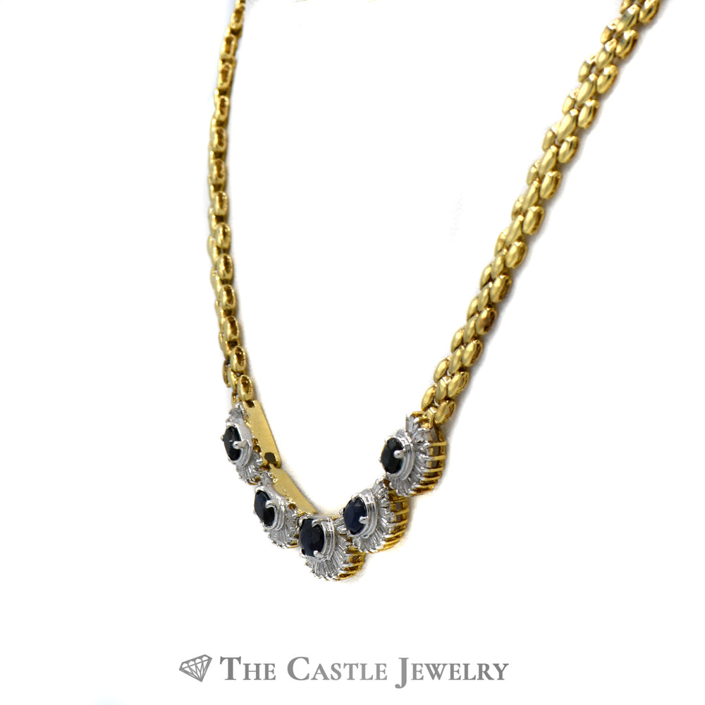 18 inch Graduated Oval Sapphire Necklaces with Baguette Diamond Halos on 14k Yellow Gold Panther Link Chain