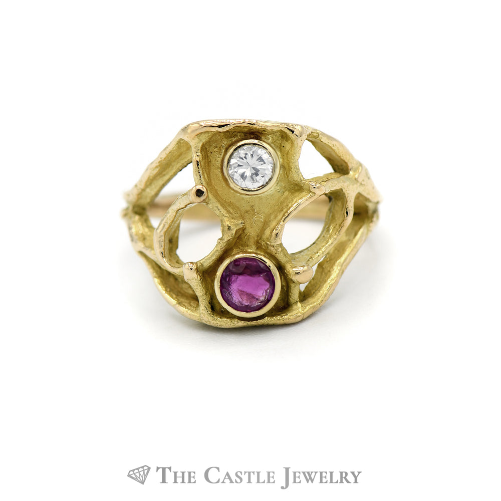 Bezel Set Round Ruby and Diamond Ring with Open Design Mounting in 18KT Yellow Gold