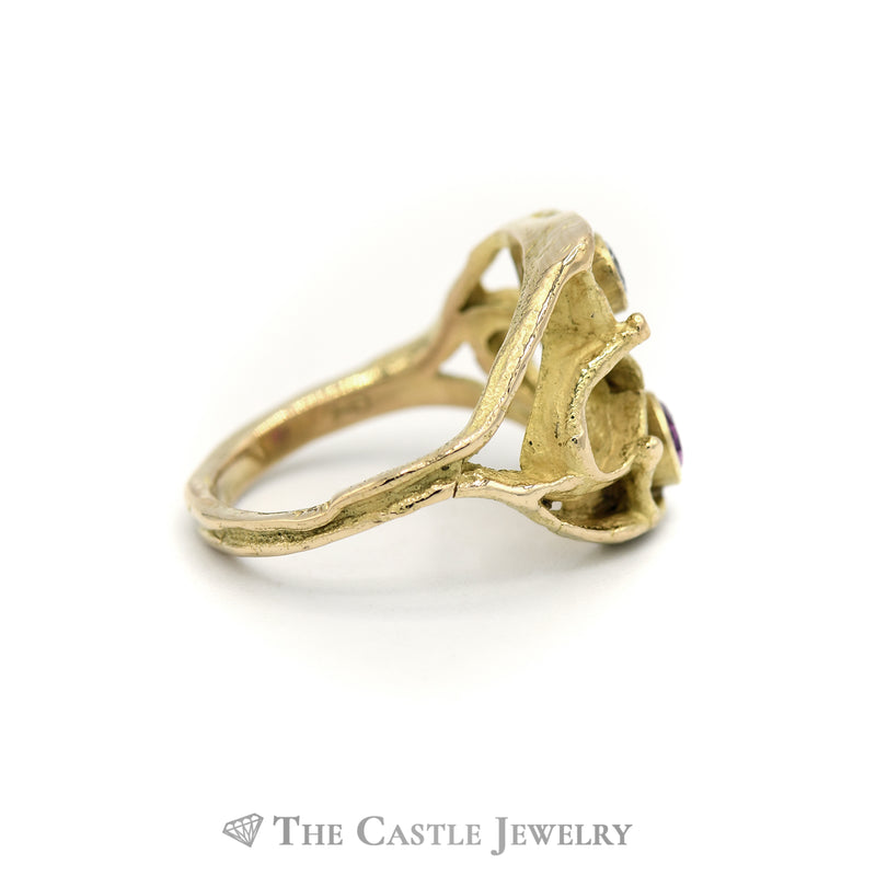 Bezel Set Round Ruby and Diamond Ring with Open Design Mounting in 18KT Yellow Gold