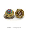 Round Feather Designed Earrings with Rubies & Turquoise in 18k Yellow Gold - Thumbnail 3
