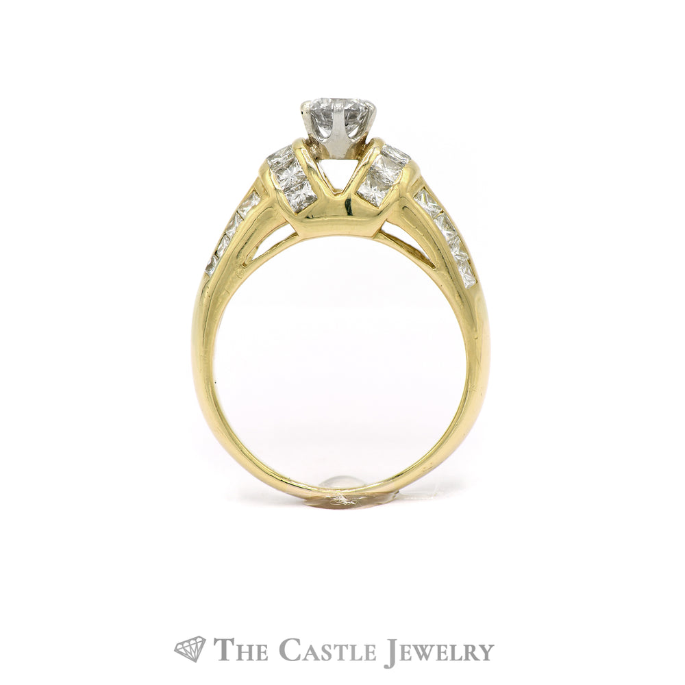 2CTTW Round Diamond Solitaire with Princess Cut Accents Bridal Ring in 14KT Yellow Gold