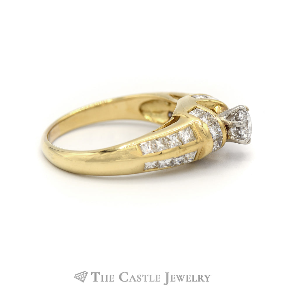 2CTTW Round Diamond Solitaire with Princess Cut Accents Bridal Ring in 14KT Yellow Gold