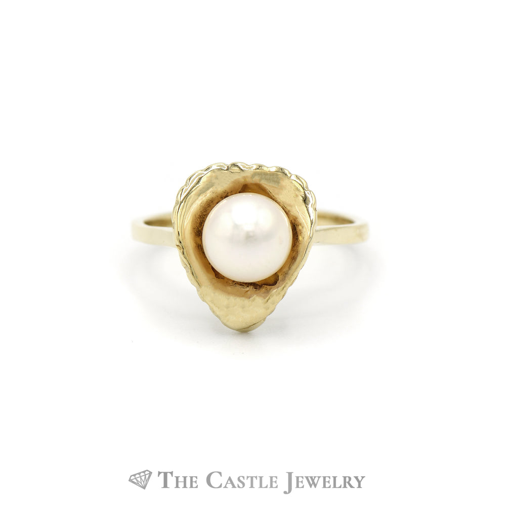 Round Pearl Ring in Leaf Designed 14k Yellow Gold Setting