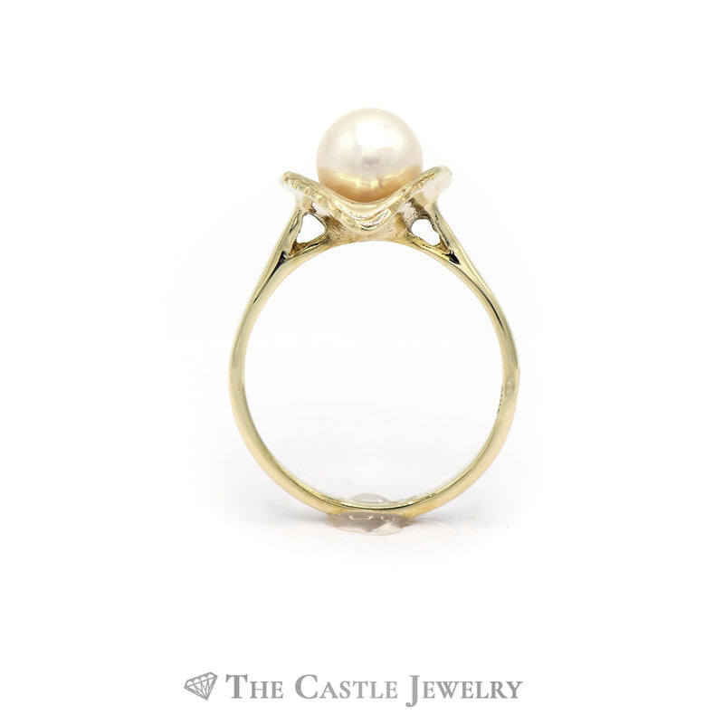 Round Pearl Ring in Leaf Designed 14k Yellow Gold Setting