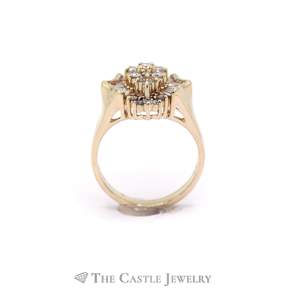 1CTTW Ornate Round and Baguette Cut Diamond Cluster Ring in 14KT Yellow Gold