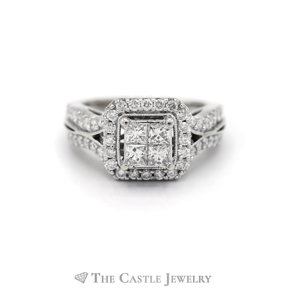 1CTTW Invis Set Bridal Ring with Round Diamond Center & Square Diamond Halo in 14KT White Gold