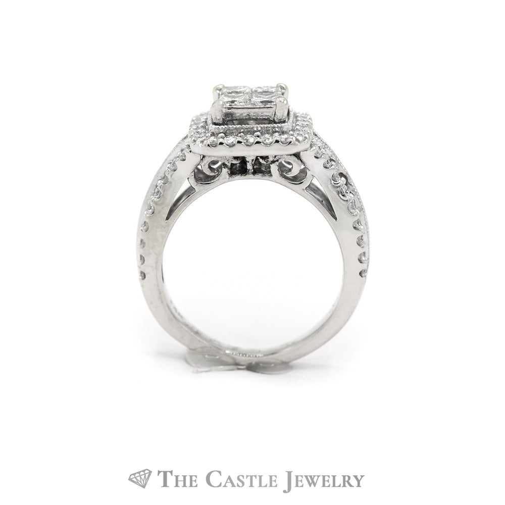 1CTTW Invis Set Bridal Ring with Round Diamond Center & Square Diamond Halo in 14KT White Gold