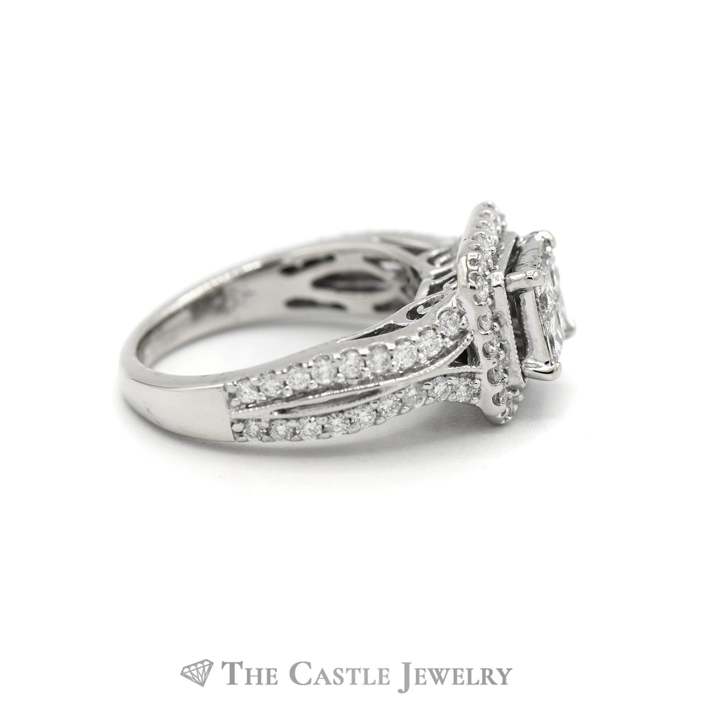 1CTTW Invis Set Bridal Ring with Round Diamond Center & Square Diamond Halo in 14KT White Gold