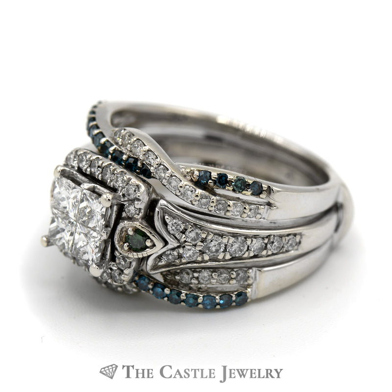 1.5cttw Princess Cut Invisible Set Diamond Cluster Soldered Bridal Set with Blue and White Diamond Accents in 14k White Gold