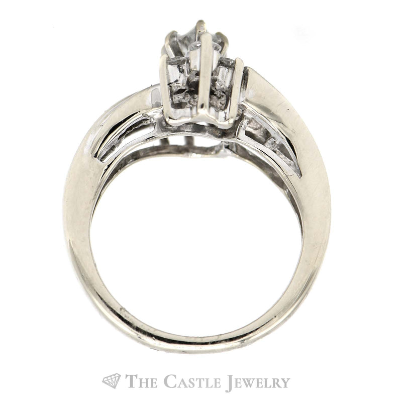 1.5cttw Marquise Diamond Engagement Ring with Round and Baguette Diamond Accents in 14k White Gold