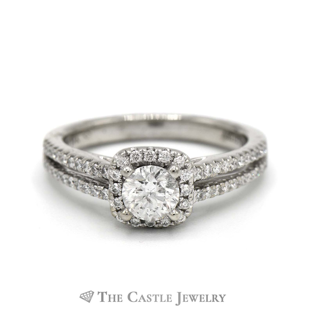 1cttw Round Diamond Engagement Ring with Diamond Halo and Accents in 14k White Gold Split Shank Setting
