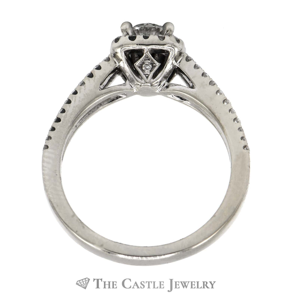 1cttw Round Diamond Engagement Ring with Diamond Halo and Accents in 14k White Gold Split Shank Setting