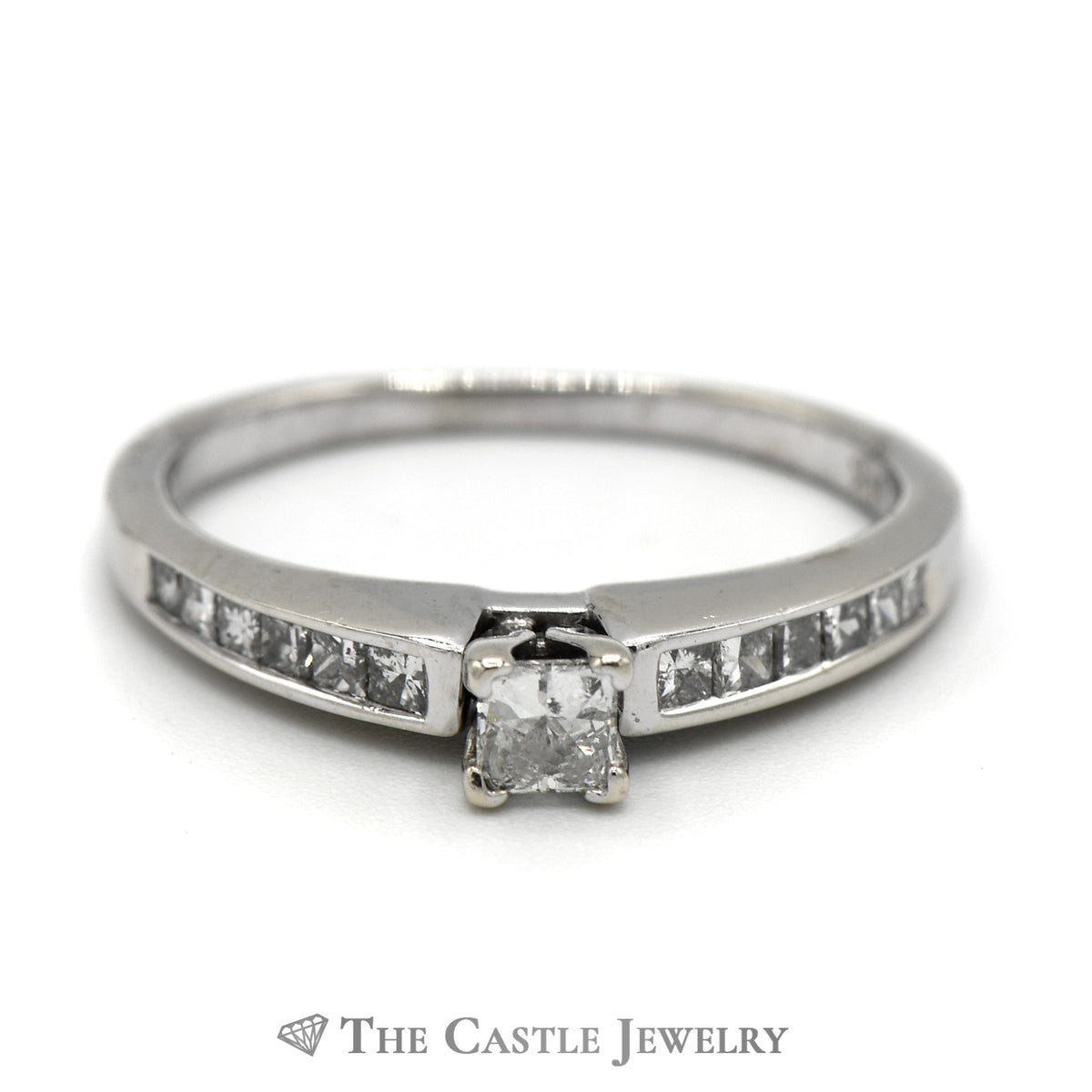 Princess Cut Diamond Solitaire Engagement Rings with Channel Set Diamond Accents in 14k White Gold