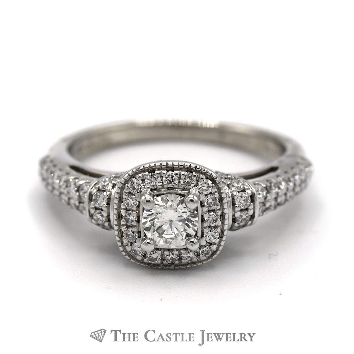 Vera Wang "Wish" Round Diamond Engagement Ring with Diamond Halo and Accents in 14k White Gold