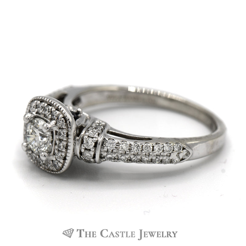 Vera Wang "Wish" Round Diamond Engagement Ring with Diamond Halo and Accents in 14k White Gold