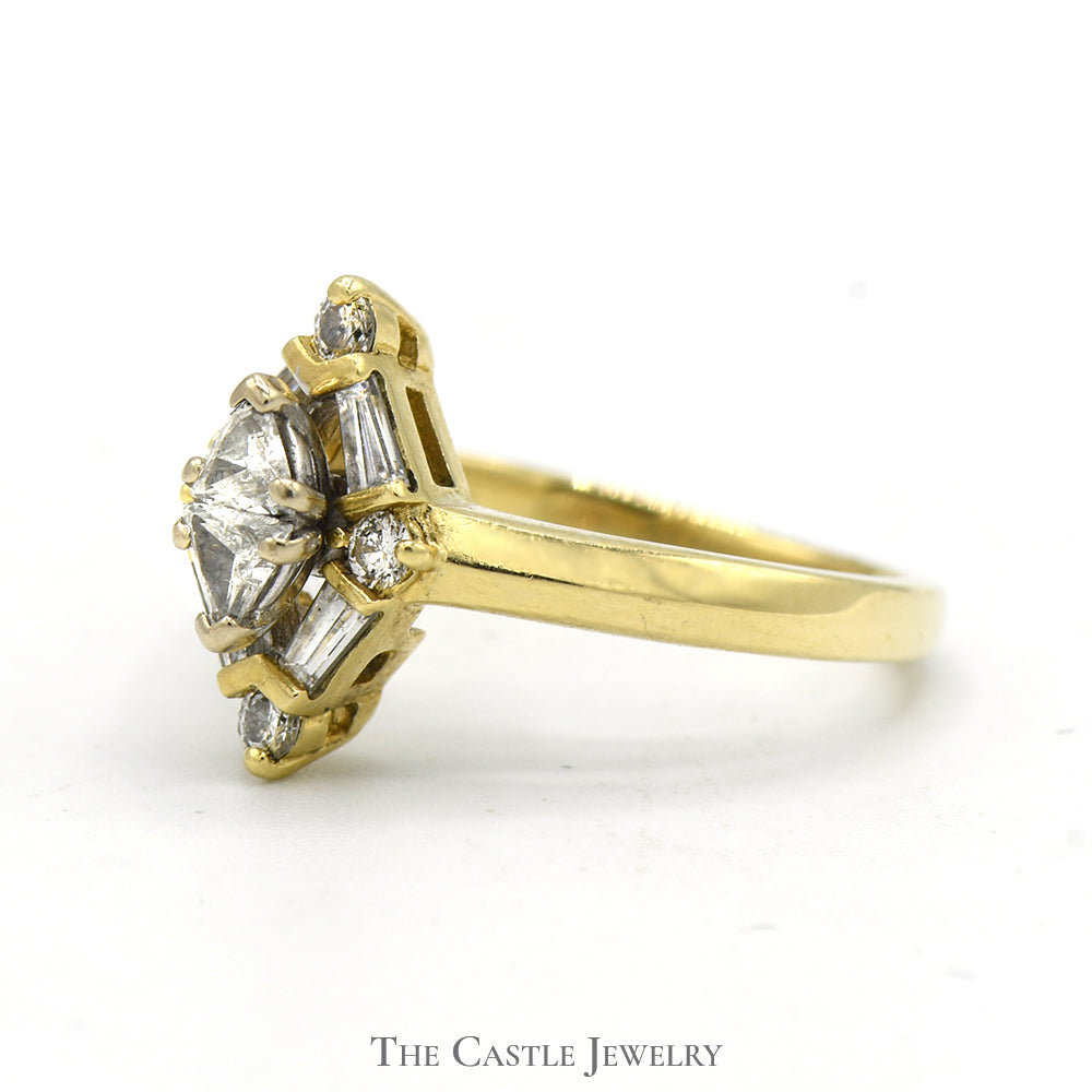3/4cttw Trillion, Baguette and Round Diamond Cluster Ring in 14k Yellow Gold