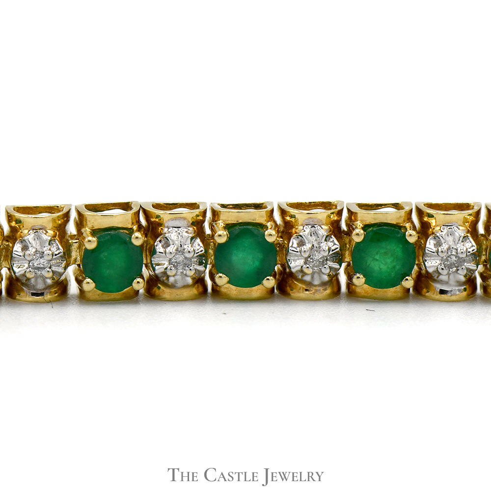 6 (3/4) inch Round Emerald Bracelet with Illusion Set Diamond Accents in 10k Yellow Gold