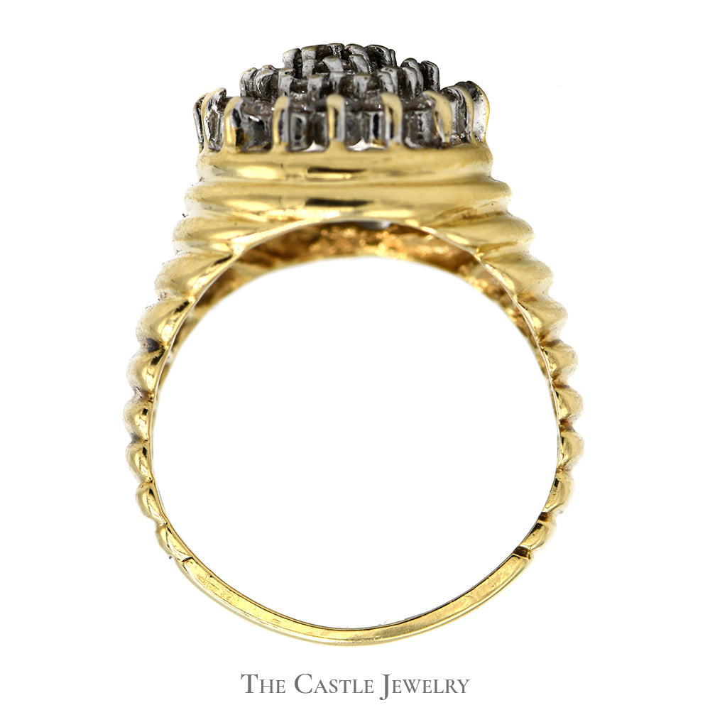 Pear Shaped 1cttw Round Diamond Cluster Ring with Ridged Sides in 10k Yellow Gold