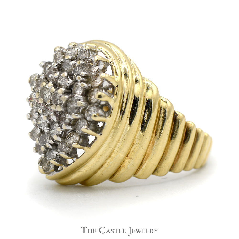Pear Shaped 1cttw Round Diamond Cluster Ring with Ridged Sides in 10k Yellow Gold