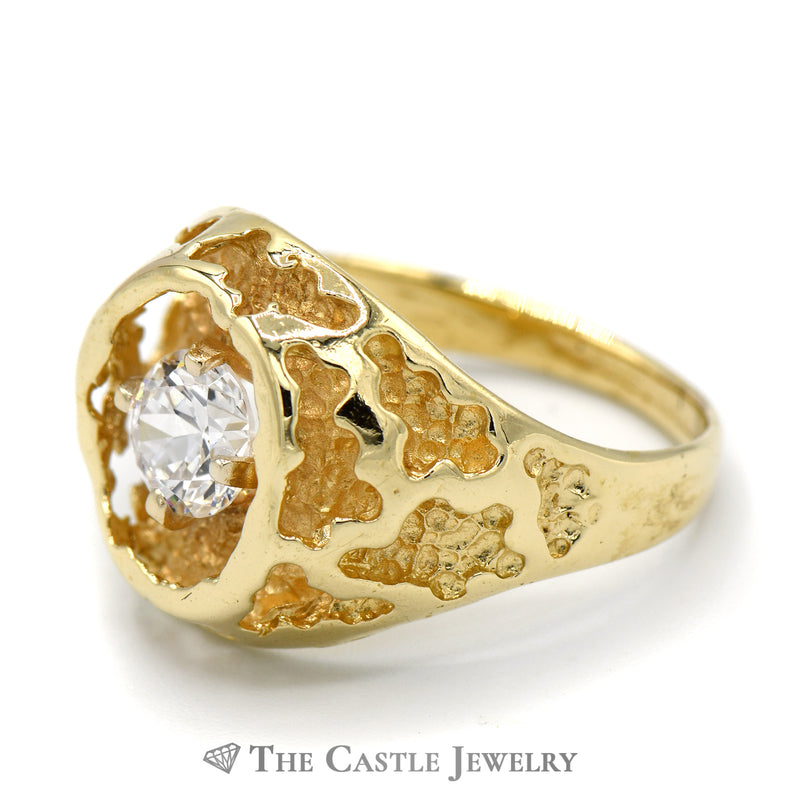 Men's Cubic Zirconia Ring in Open Nugget Designed 14k Yellow Gold Mounting