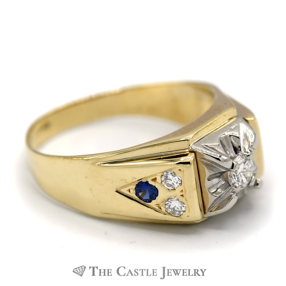 Men's Diamond Solitaire with Flat Set Sapphire and Diamond Accents in 14k Yellow Gold