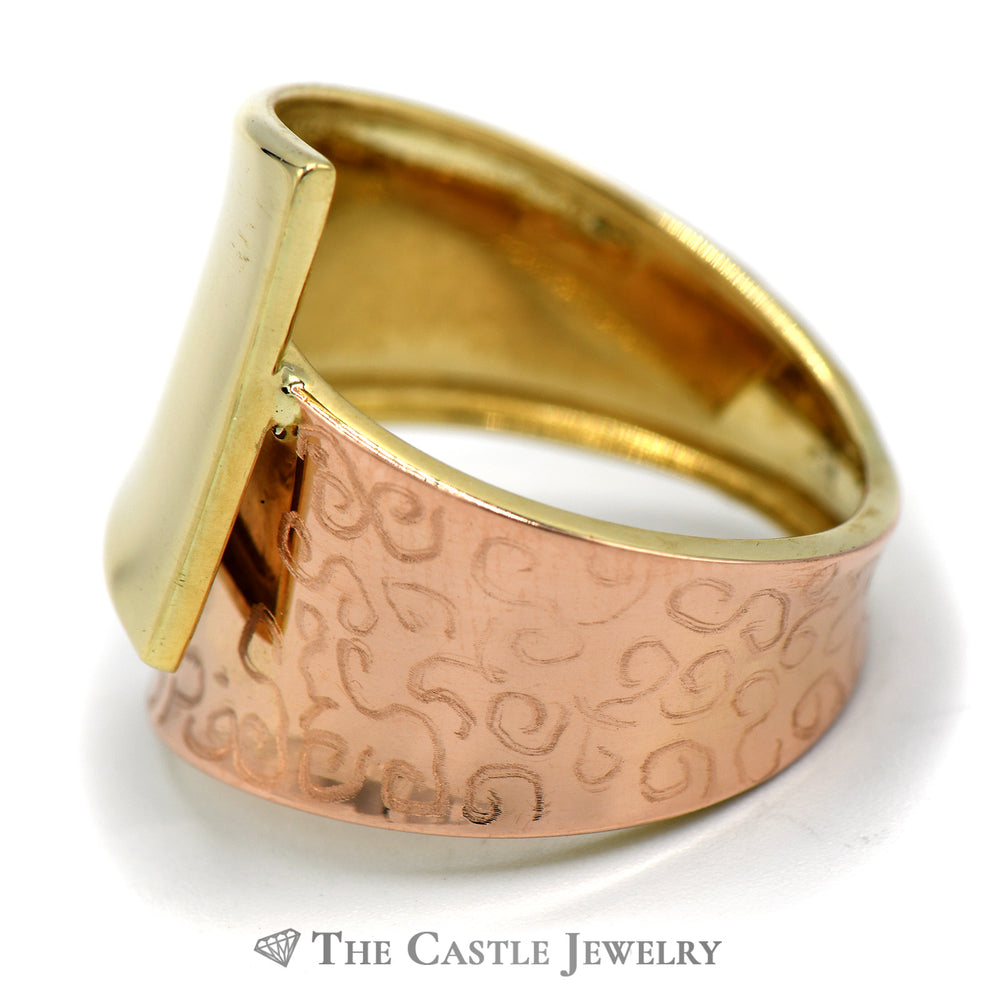 14k Yellow and Rose Two Tone Gold Tapered Bypass Wide Band with Scrolling Detail