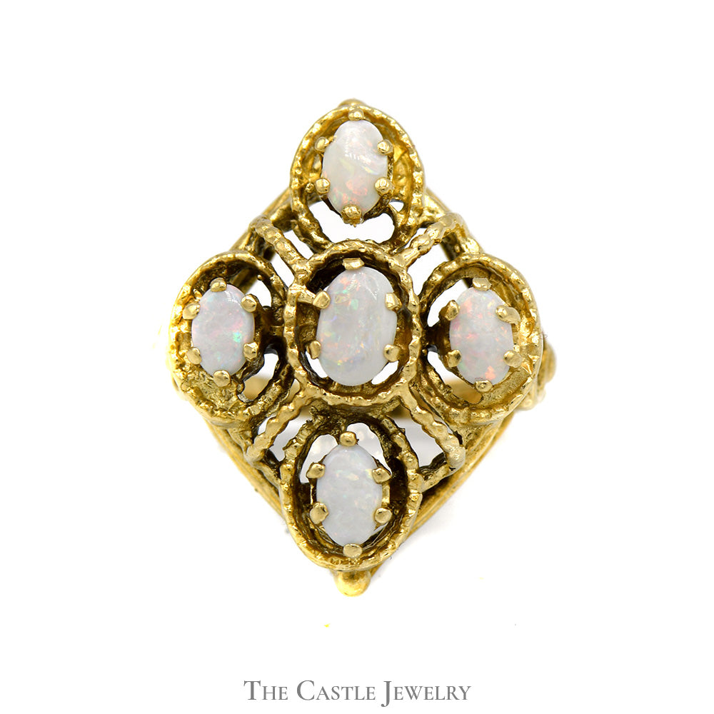 Marquise Shaped Opal Cluster Ring in 14k Yellow Gold Open Shield Design Setting
