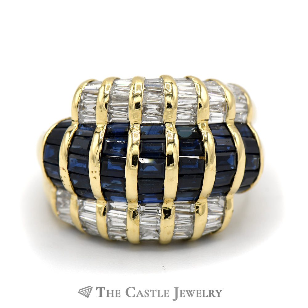 Channel Set Baguette Sapphire & Diamond Dome Ring in 18k Yellow Gold