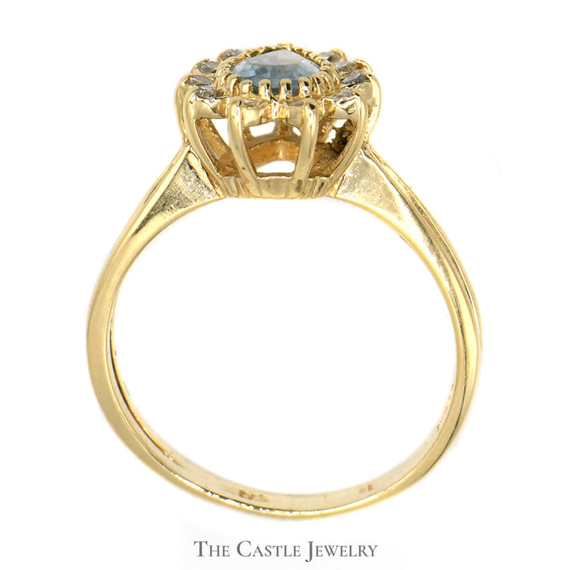Pear Shaped Aquamarine Ring with Diamond Halo in 10k Yellow Gold Split Shank Setting