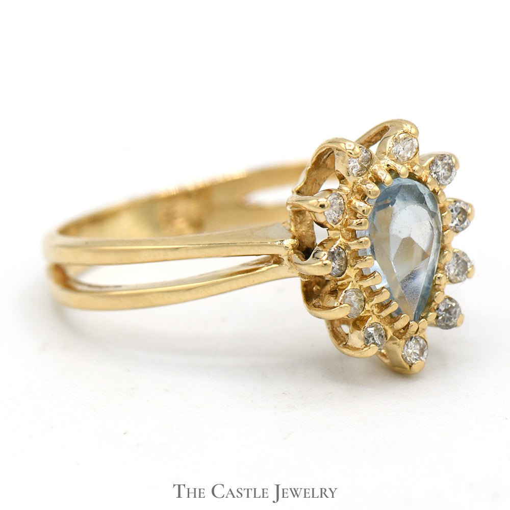 Pear Shaped Aquamarine Ring with Diamond Halo in 10k Yellow Gold Split Shank Setting