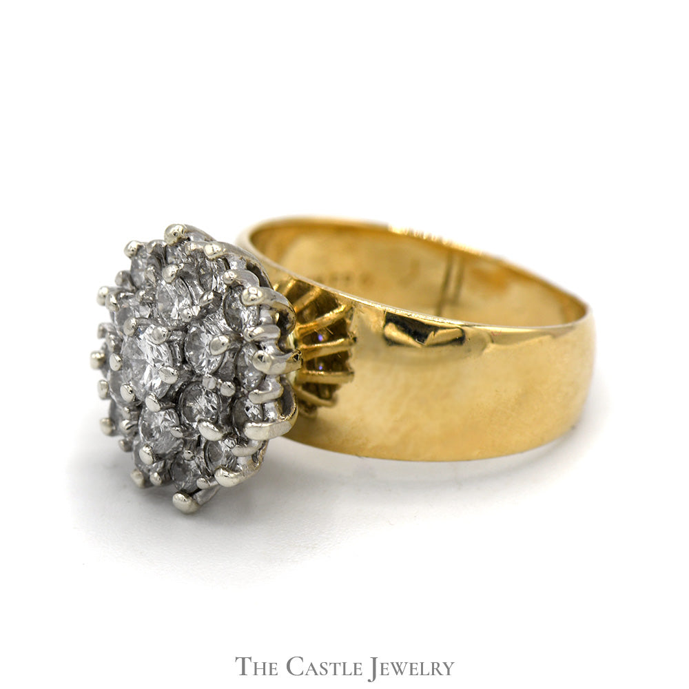1cttw Diamond Cluster Ring in Wide 14k Yellow Gold Band Setting