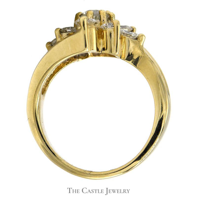 Flower Shaped 1.25cttw Diamond Cluster Ring in 14k Yellow Gold Split Shank Setting