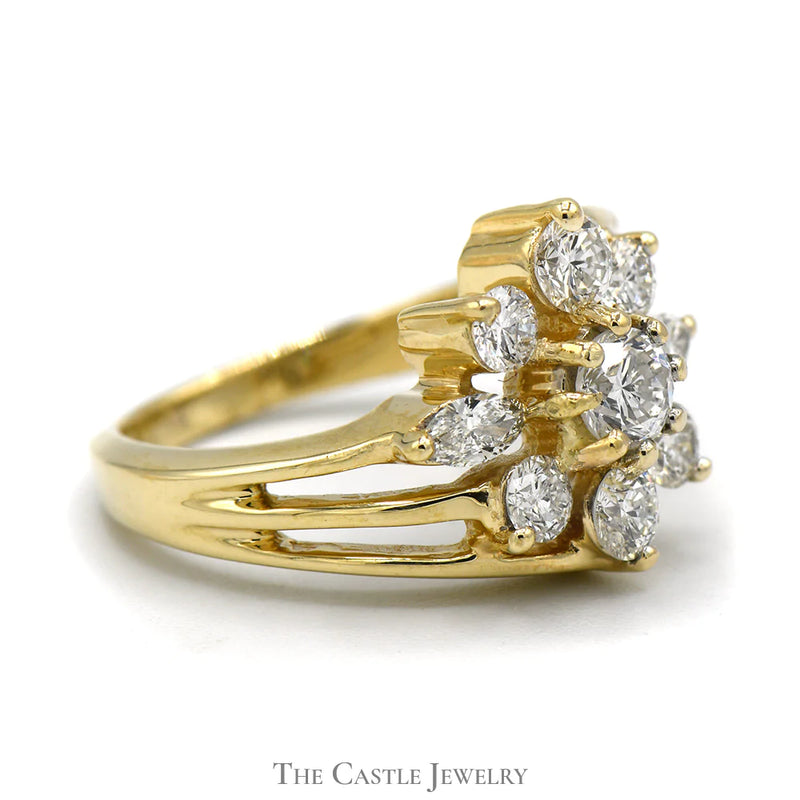 Flower Shaped 1.25cttw Diamond Cluster Ring in 14k Yellow Gold Split Shank Setting