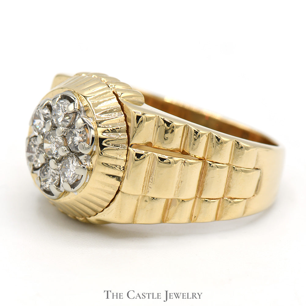 Men's 7 Diamond Cluster Ring with Ridged Bezel and Jubilee Style Sides in 14k Yellow Gold