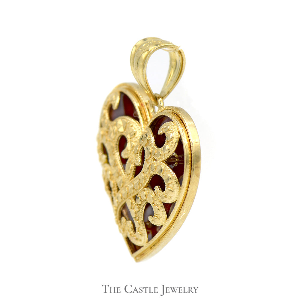 Heart Shaped Scroll Designed Pendant with Red Enamel Accent in 10k Yellow Gold