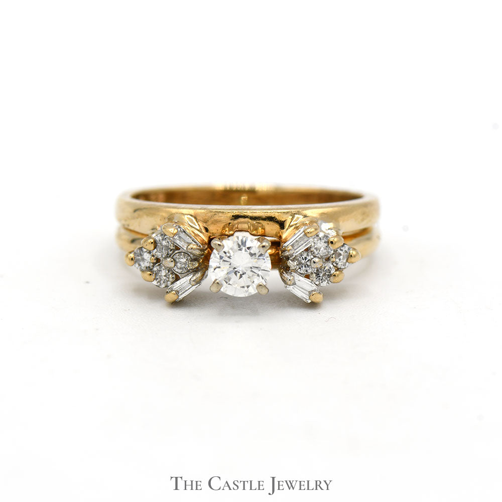 Round Diamond Bridal Set with Baguette and Round Diamond Accents in 14k Yellow Gold