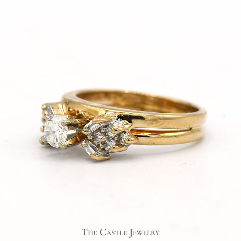 Round Diamond Bridal Set with Baguette and Round Diamond Accents in 14k Yellow Gold