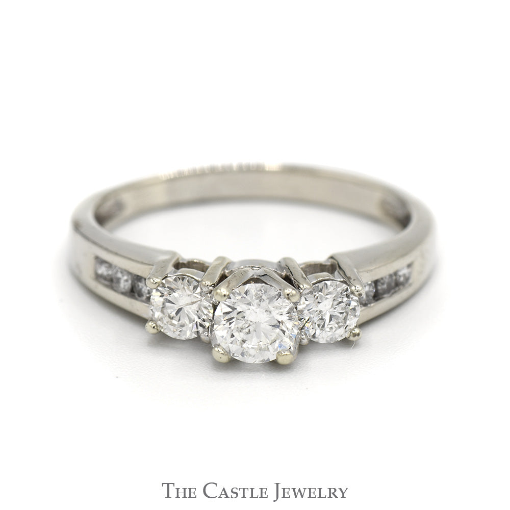 1cttw Three Stone Diamond Engagement Ring with Channel Set Diamond Accents in 14k White Gold