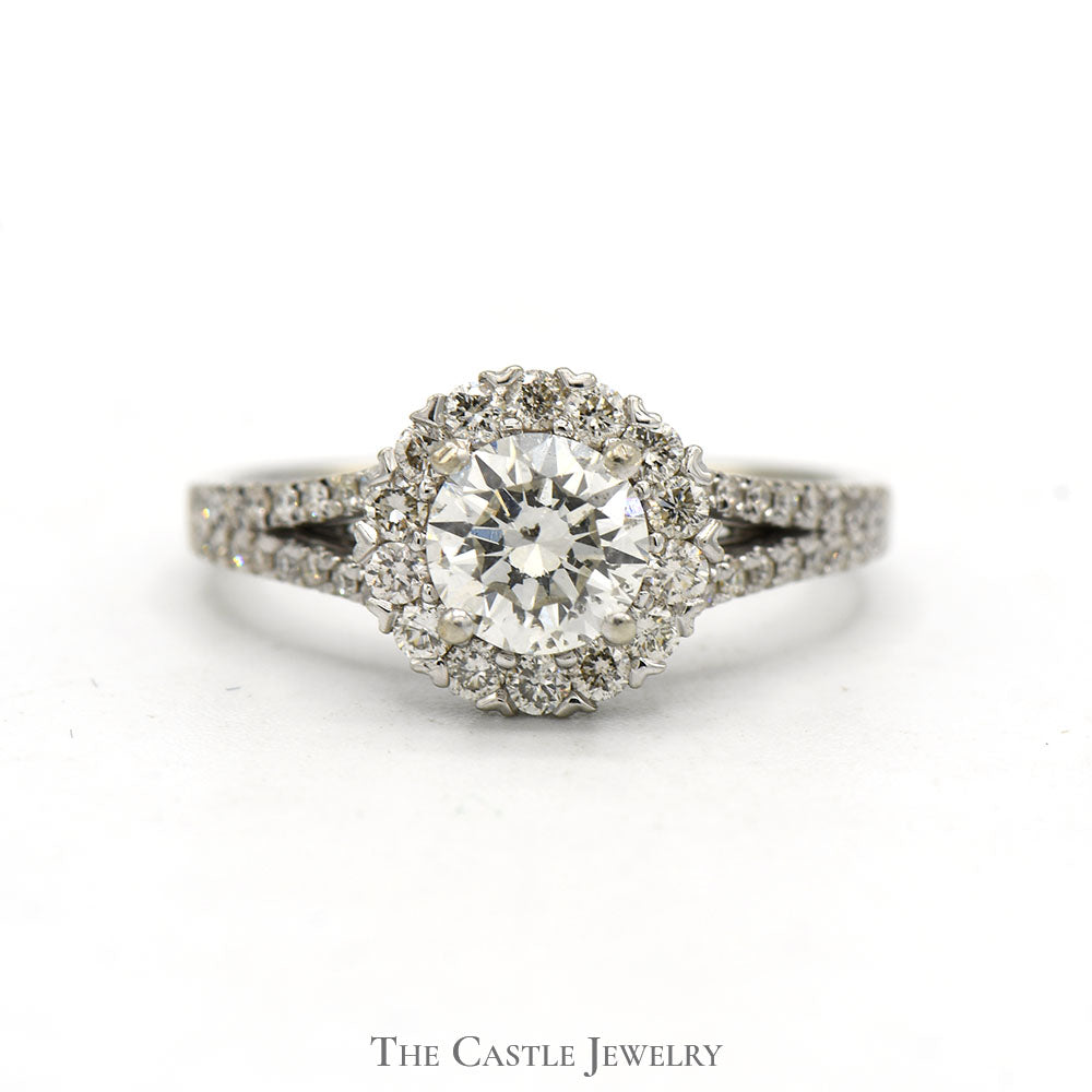 1.5cttw Round Diamond Engagement Ring with Diamond Halo and Accents in 14k White Gold