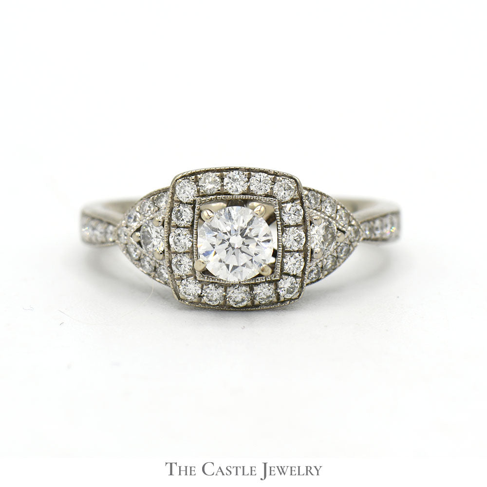 Round Diamond Engagement Ring with Square Shaped Diamond Halo and Accents in 14k White Gold