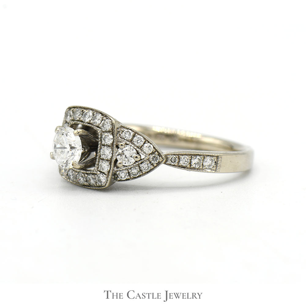 Round Diamond Engagement Ring with Square Shaped Diamond Halo and Accents in 14k White Gold