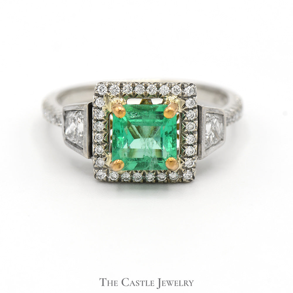 Square Emerald Ring with Diamond Halo and Diamond Accents in 18k Two Tone Gold