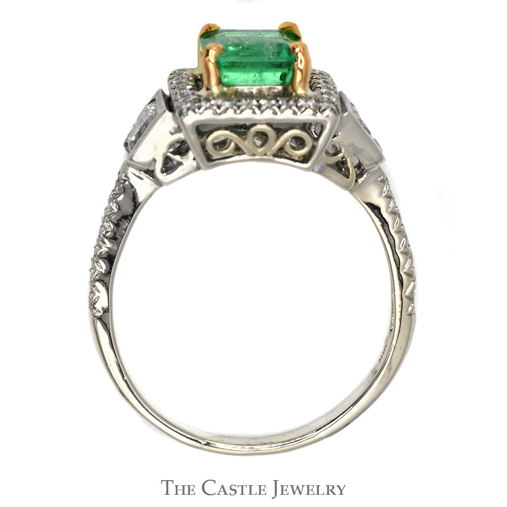 Square Emerald Ring with Diamond Halo and Diamond Accents in 18k Two Tone Gold