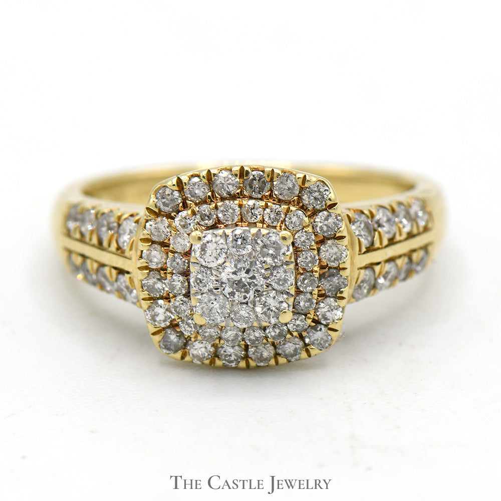 Diamond Cluster Engagement Ring with Double Diamond Halo and Accents in 10k Yellow Gold