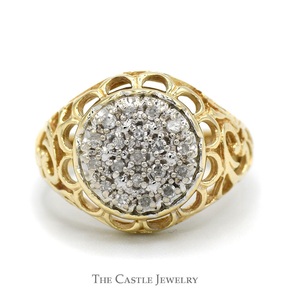 Diamond Kentucky Cluster Ring with Filigree Sides in 10k Yellow Gold