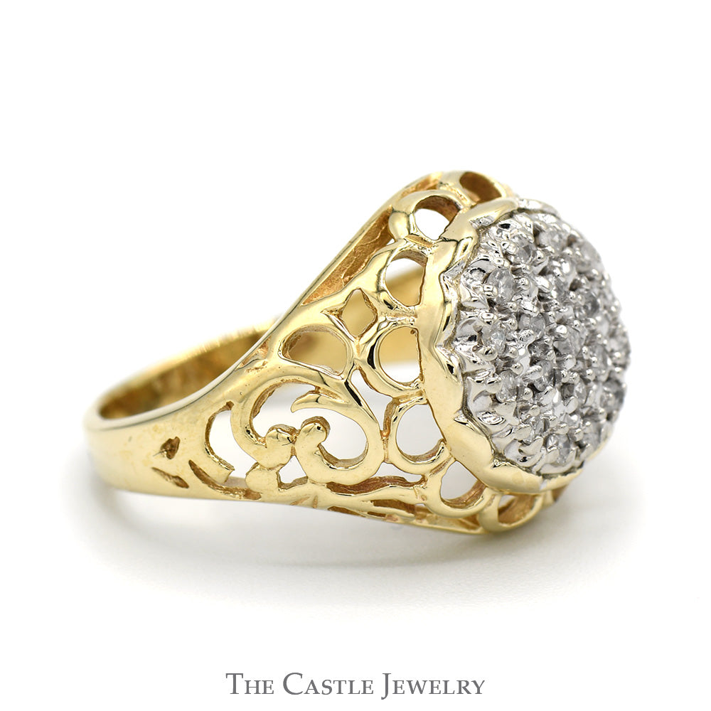 Diamond Kentucky Cluster Ring with Filigree Sides in 10k Yellow Gold