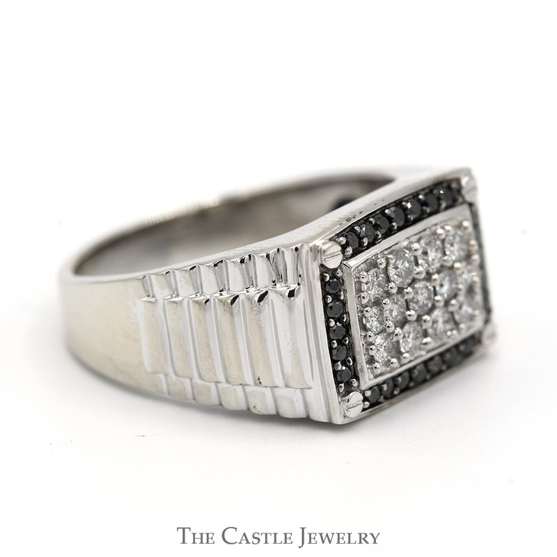Rectangular Shaped Diamond Cluster Ring with Black Diamond Bezel in 10k White Gold Ribbed Mounting